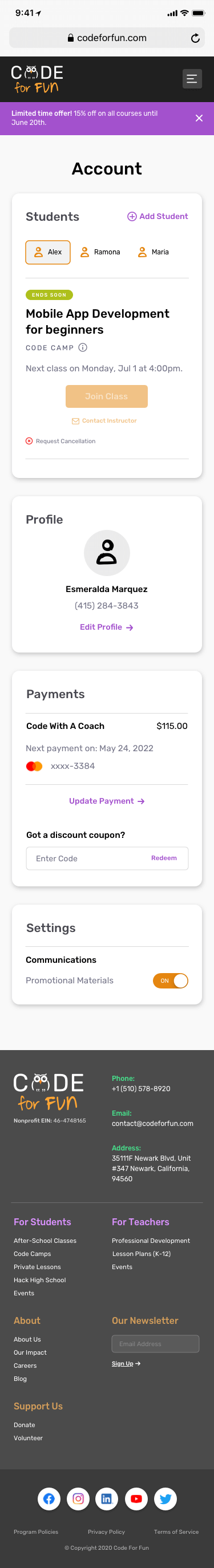 Account – Main Page Mobile